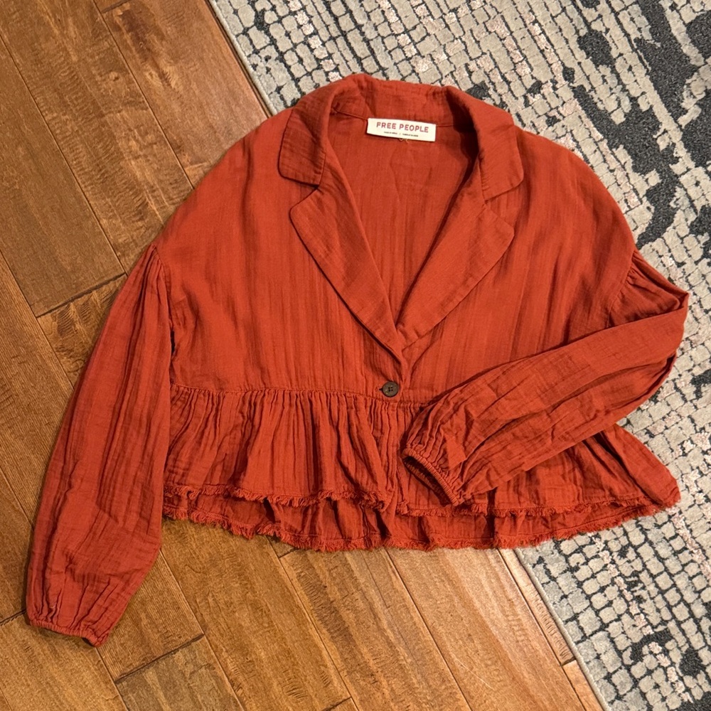 Free People Lyra Cotton Terracotta Ruffled Blouse Jacket -‎ Small - Picture 14 of 14